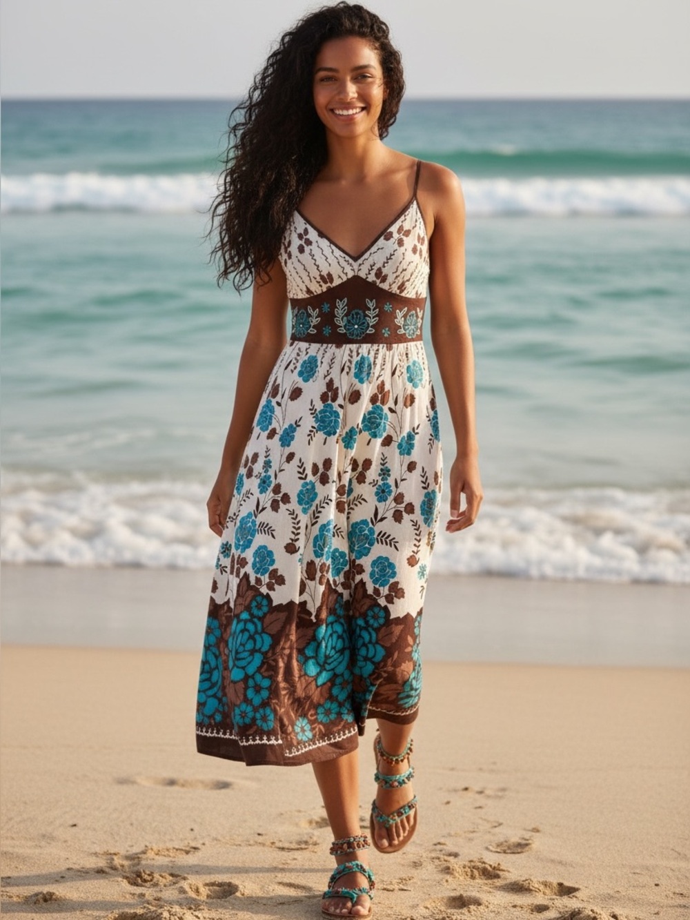 Boho, Floral Lightweight Cotton Midi Dress Teal Cream Brown Whimsical Dress